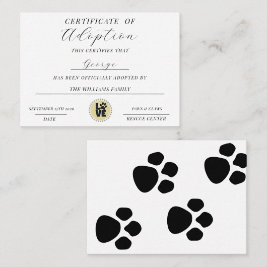 adoptiecertificaat notitiekaartje (Voorkant / Achterkant)