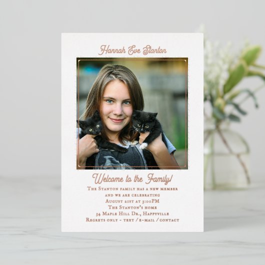 Adoption Jeune Fille Rose Gold Foil Invitation (Debout devant)