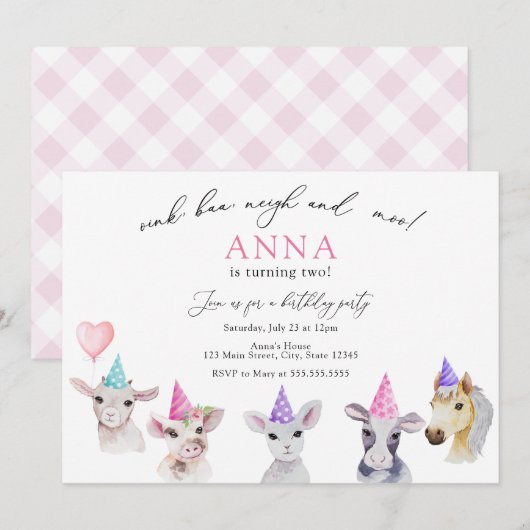 Adorable Animaux de ferme Fille Invitation d'anniv (Devant / Derrière)