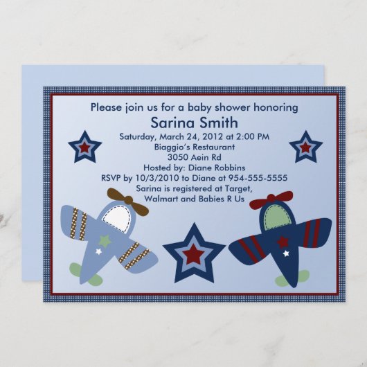 Adorable Avion / Aviateur Baby Shower Invitations (Devant / Derrière)