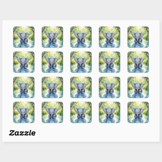Adorable Baby Elephant and Reflection Vierkante Sticker (Vel)