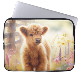 Adorable Baby Highland Cow In Flower Field Laptop Sleeve