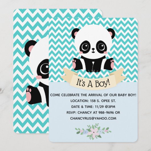 Adorable Baby Panda Blue Baby Shower Invitations (Devant / Derrière)