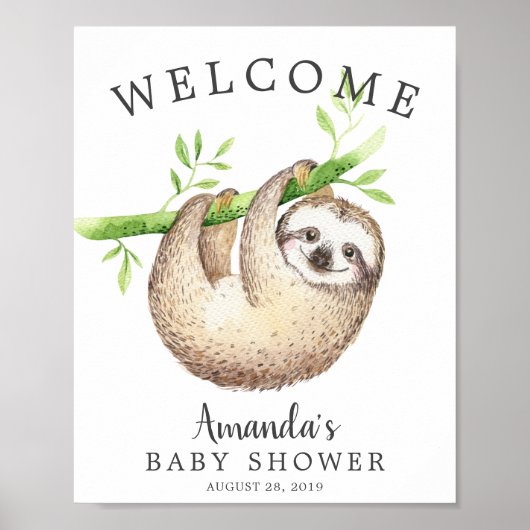 Adorable Baby Sloth Welcome Baby shower Poster (Devant)