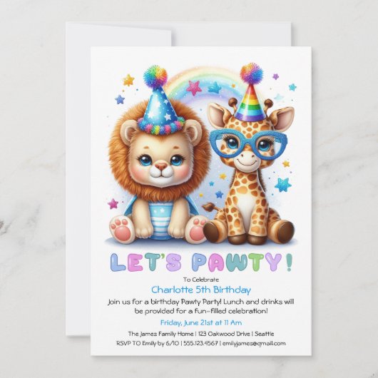 Adorable bébé Lion & Giraffe Invitation Anniversai (Devant)