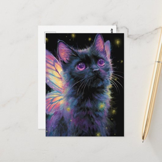 Adorable Black and Purple Cat Fairy Briefkaart (Voorkant / Achterkant in situ)