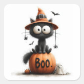 Adorable Black Cat Witch on 'Boo' Pumpkin Sticker (Devant)