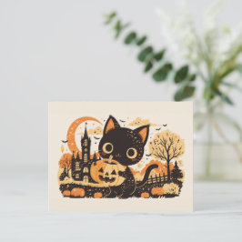 Adorable Black Cat with Jack-o’-lantern Feestdagenkaart