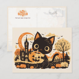 Adorable Black Cat with Jack-o’-lantern Feestdagenkaart
