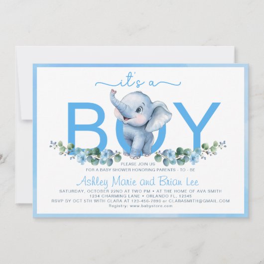 Adorable Blue Elephant Baby shower Invitation - Cu (Devant)