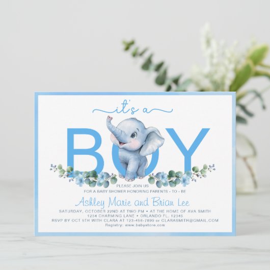Adorable Blue Elephant Baby shower Invitation - Cu (Debout devant)