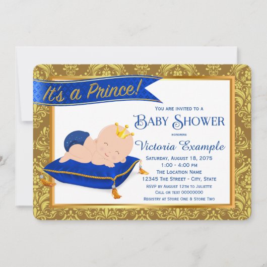 Adorable Blue Gold Prince Baby Shower Invitations (Devant)
