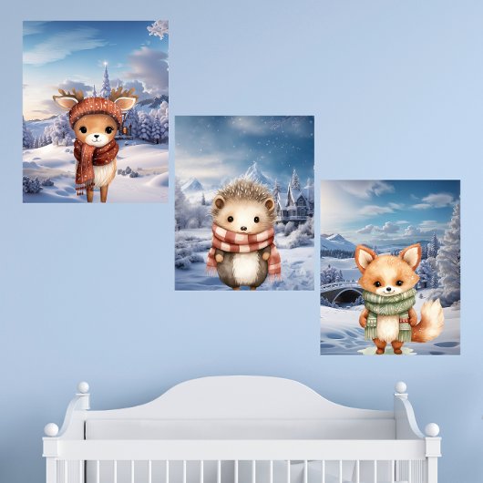 Adorable Bois d'hiver Animaux Mur Print Set