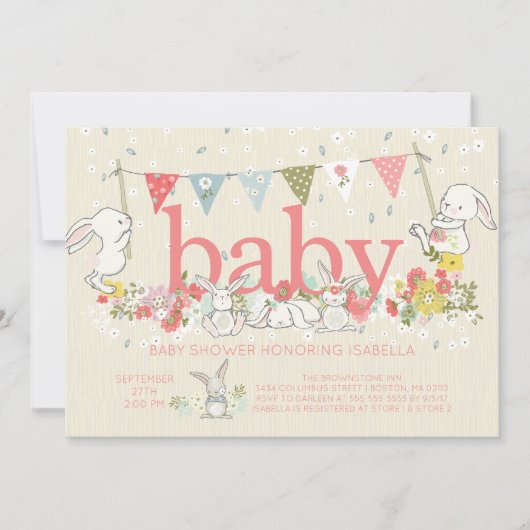 Adorable Bunny Girls Baby shower Invitation (Devant)