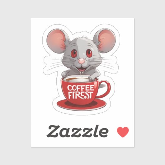 Adorable Caffeine Mouse in Red Mug Sticker (Vel)