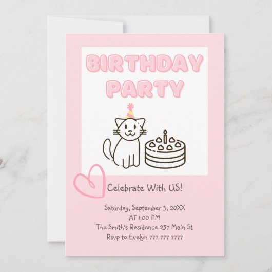 Adorable Cat&Cake Invitation Anniversaire (Devant)