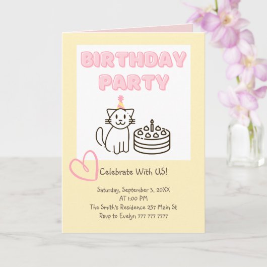 Adorable Cat&Cake Invitation Anniversaire (Orchidée)