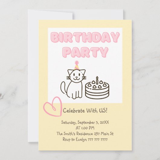 Adorable Cat&Cake Invitation Anniversaire (Devant)