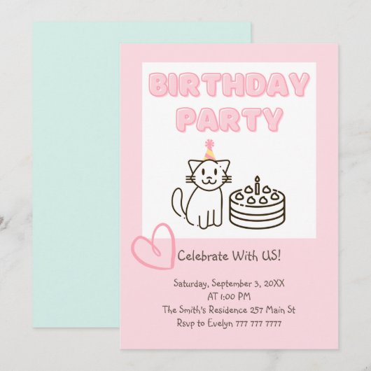 Adorable Cat&Cake Invitation Anniversaire (Devant / Derrière)