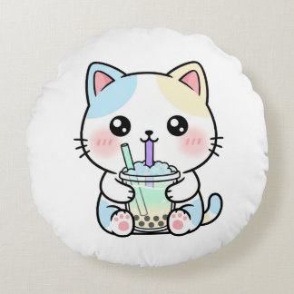 Adorable Cat with Drink – Throw Pillow Rond Kussen