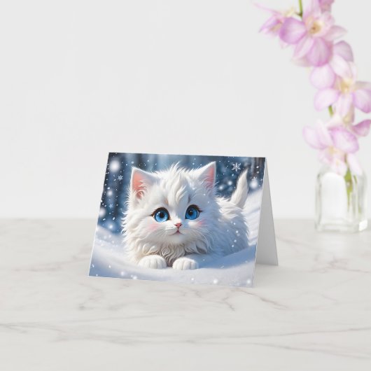 Adorable Chat Blanc Fluffy Yeux Bleus Carte de Vœu (Orchidée)