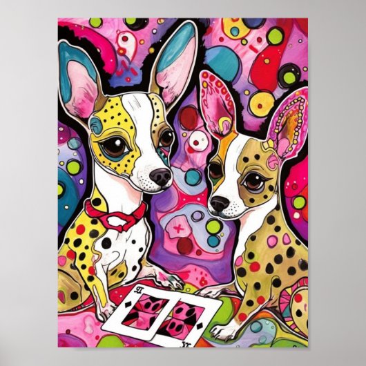 Adorable Chihuahua chiens jouant aux cartes Poster (Devant)