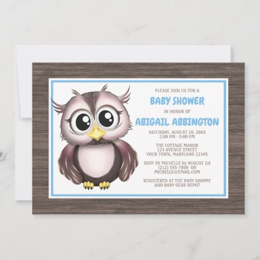 Adorable Chouette Brown Bleue Invitations de douch (Devant)
