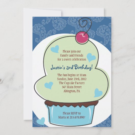 Adorable Cupcake Bleu Invitation Anniversaire (Devant)