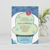 Adorable Cupcake Bleu Invitation Anniversaire (Debout devant)
