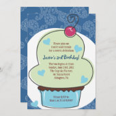 Adorable Cupcake Bleu Invitation Anniversaire (Devant / Derrière)