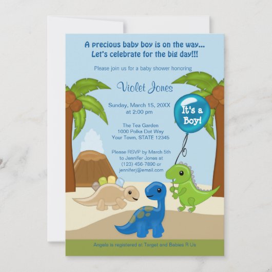 Adorable Dinosaur Baby Shower Invitations Garçon (Devant)