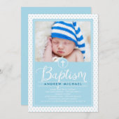 Adorable Dots Baptême Invitation - Bleu (Devant / Derrière)