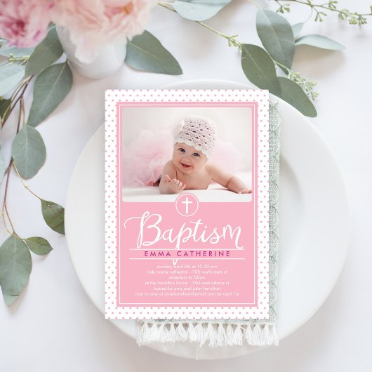 Adorable Dots Baptême Invitation - Rose