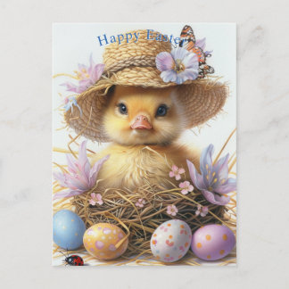 Adorable Duckling Straw Hat Easter Egg Flowers Briefkaart