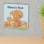 Adorable écureuil rouge dans l'herbe avec noix Aco<br><div class="desc">Ce bloc de bois rustique peut être accroché au mur ou debout seul a un adorable écureuil rouge avec une queue moelleuse assise dans l'herbe sous un ciel bleu avec son écharpe de noix et de glands. Customisez le texte avec le modèle.</div>