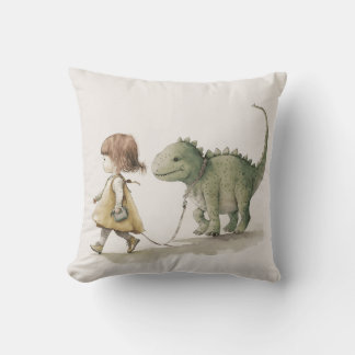 Adorable fille marchant dinosaure lancer oreiller