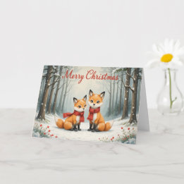 Adorable Fox Christmas Snowy Woods and Red Scarf Kaart