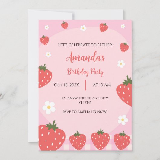 Adorable fraise rose Invitation Anniversaire (Devant)