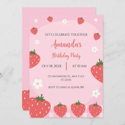 Adorable fraise rose Invitation Anniversaire (Devant / Derrière)