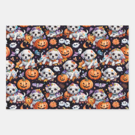 Adorable Halloween Puppies & Kittens Watercolor Inpakpapier Vel
