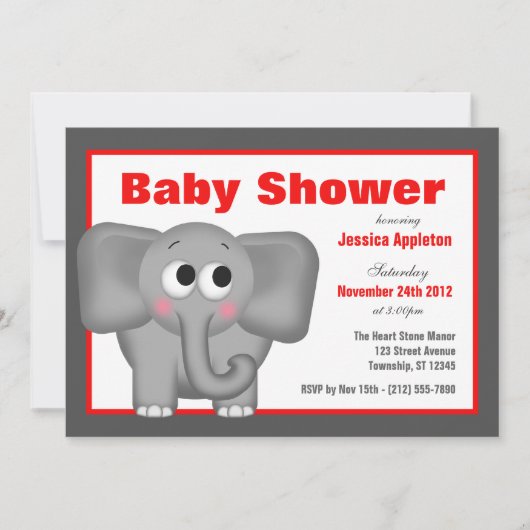 Adorable invitation à la douche rouge bébé éléphan (Devant)