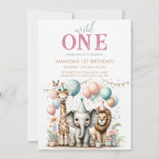 Adorable invitation d'anniversaire de fille sauvag (Devant)