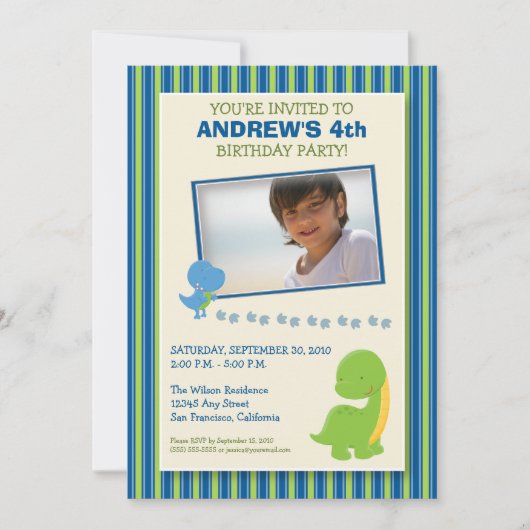 Adorable Invitation de fête d'anniversaire de Dino (Devant)
