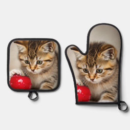 adorable kitten and love red apple ovenwant & pannenlap set