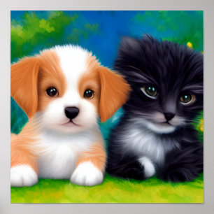 Adorable Kitten And Puppy Relaxing On The Lawn Poster