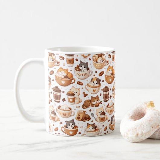 Adorable Kitten & Coffee Pattern Mug  Koffiemok (Met donut)