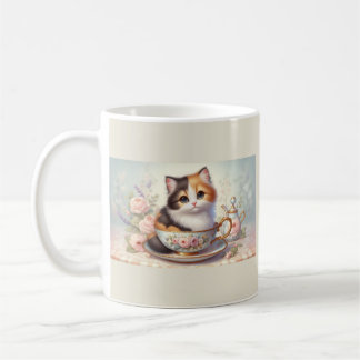 Adorable Kitten in a Teacup Vintage Floral Tea  Koffiemok