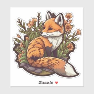Adorable little fox and flowers sticker