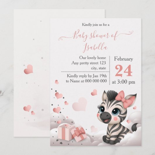 Adorable little zebra baby shower invitation (Devant / Derrière)
