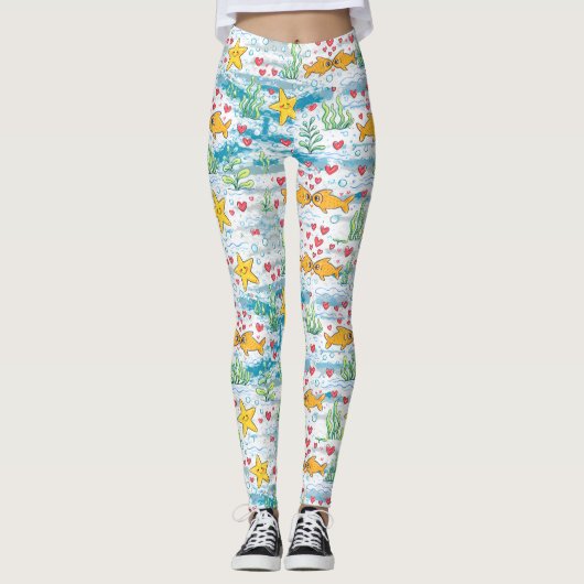 Adorable Ocean Love Pattern | Cute Fish & Starfish Leggings (Voorkant)